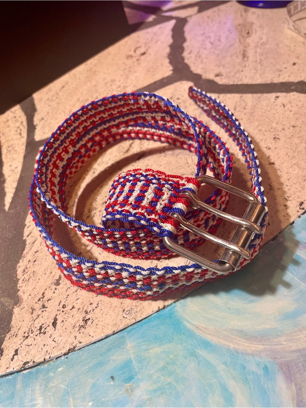 Tricolor Woven Men's Belt with Double-Prong Buckle